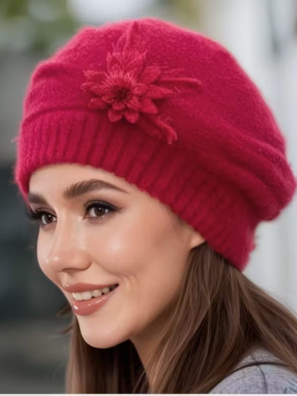 Red Women's Slouchy Beanie Beret Hat Winter Lined Floral Chemo Cap Warm